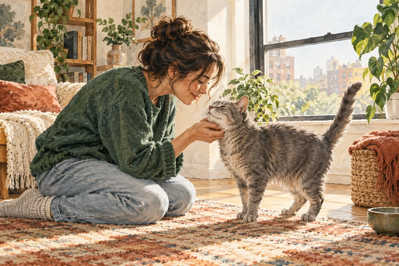 A person gently greeting an older cat at home