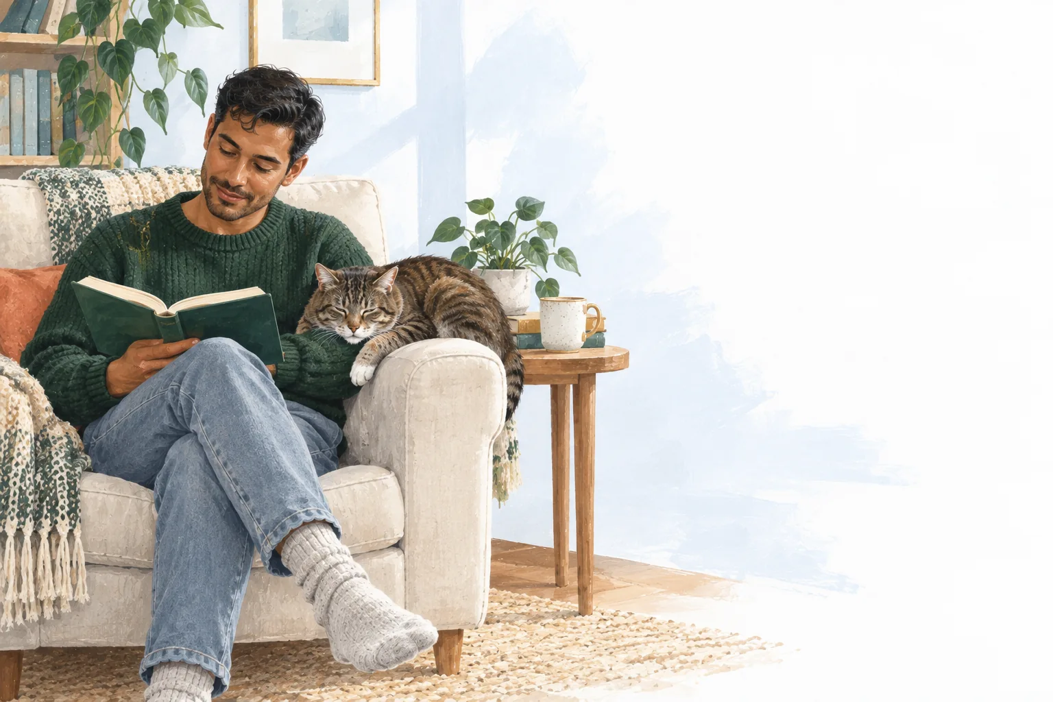 A person reading beside a cat resting on an armchair