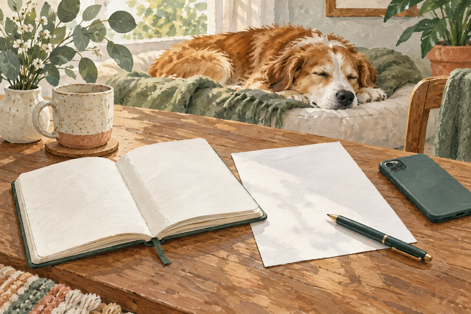 Open notebook and a blank letter on a desk