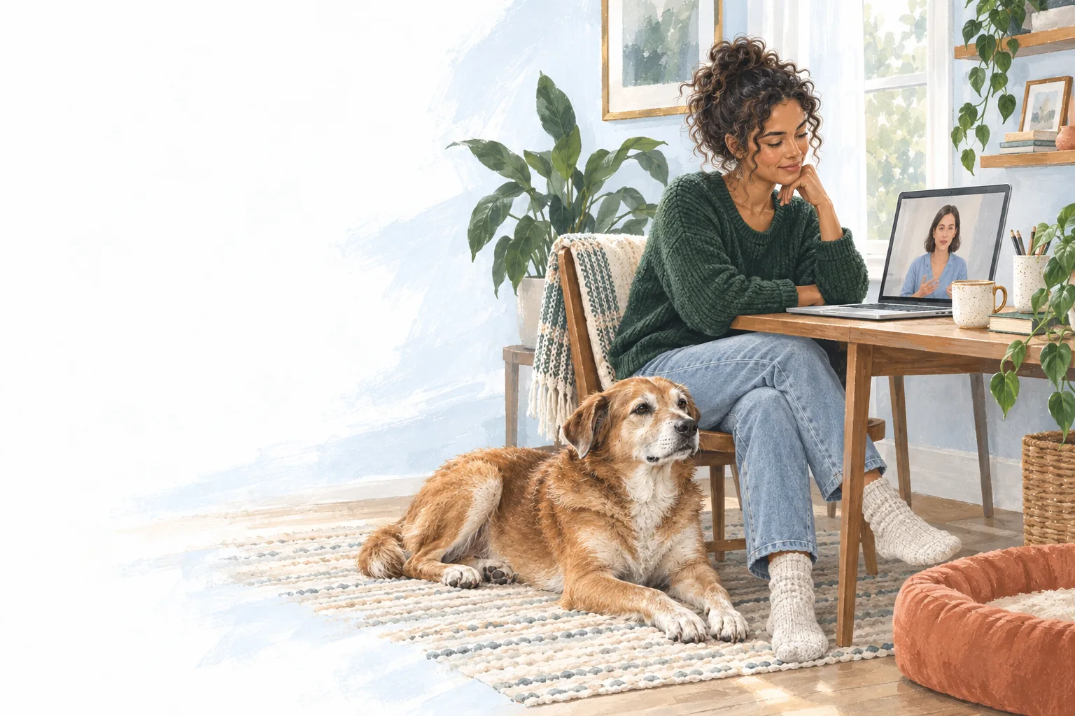 A person speaking in a video visit while her dog rests nearby