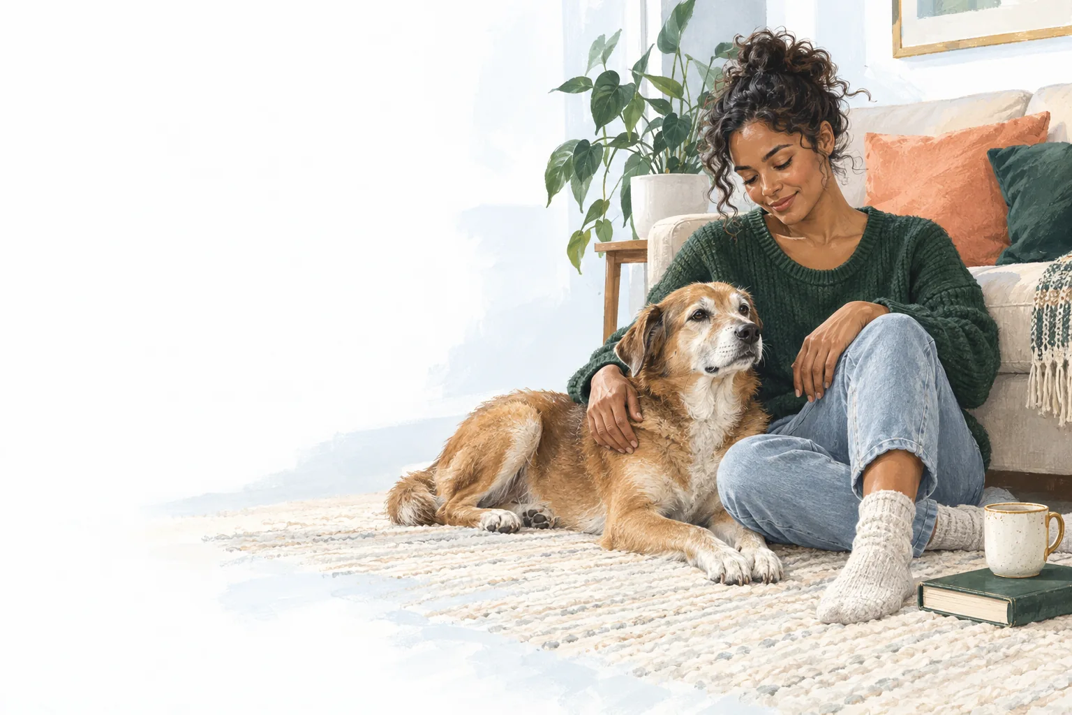 A woman sitting at home with her older dog