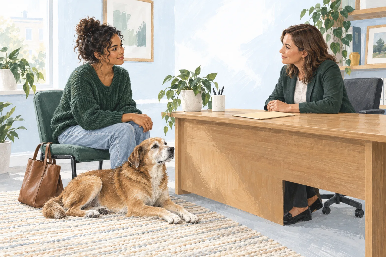 A calm conversation about housing while a dog rests nearby