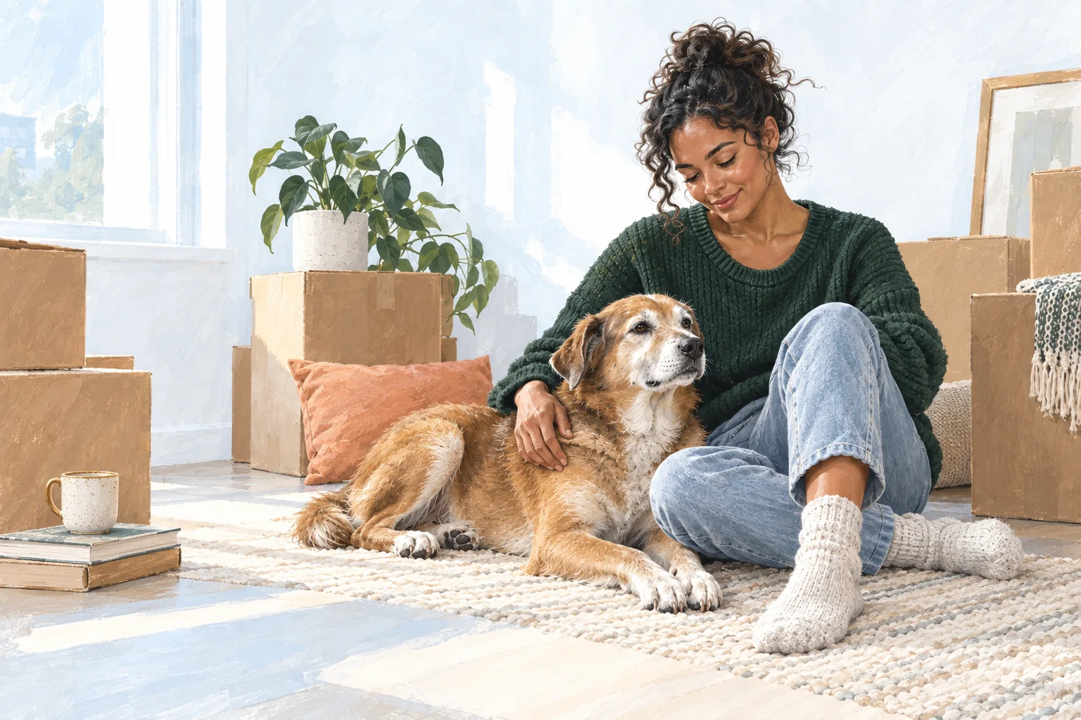 A woman sitting with her dog beside moving boxes in their new home