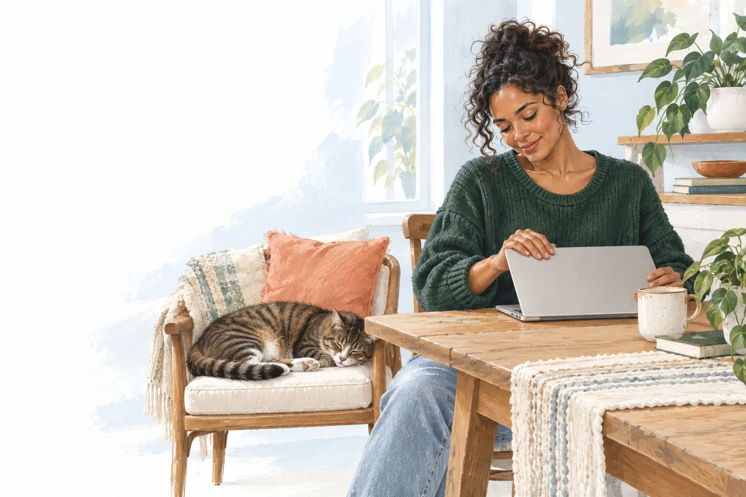 A woman writes at home beside her sleeping cat
