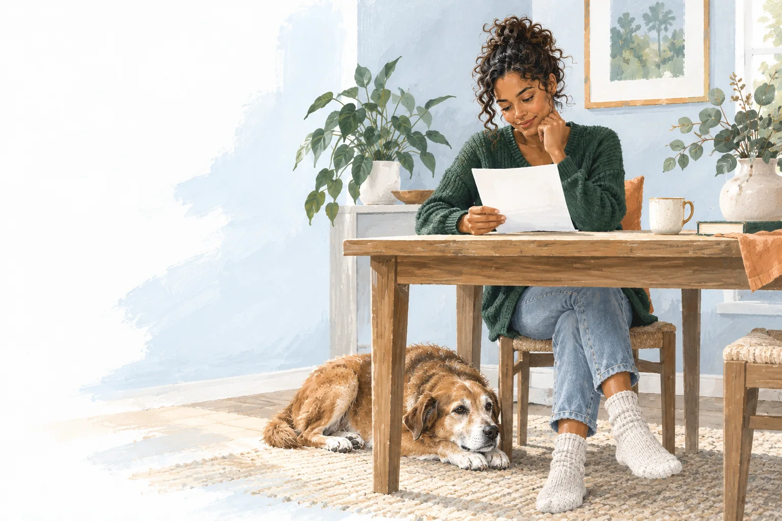 A woman reading a document beside her dog