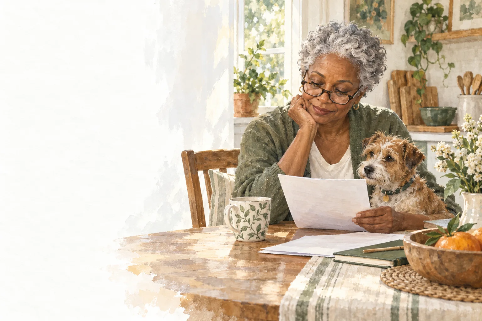 An older woman reviewing information with her dog beside her