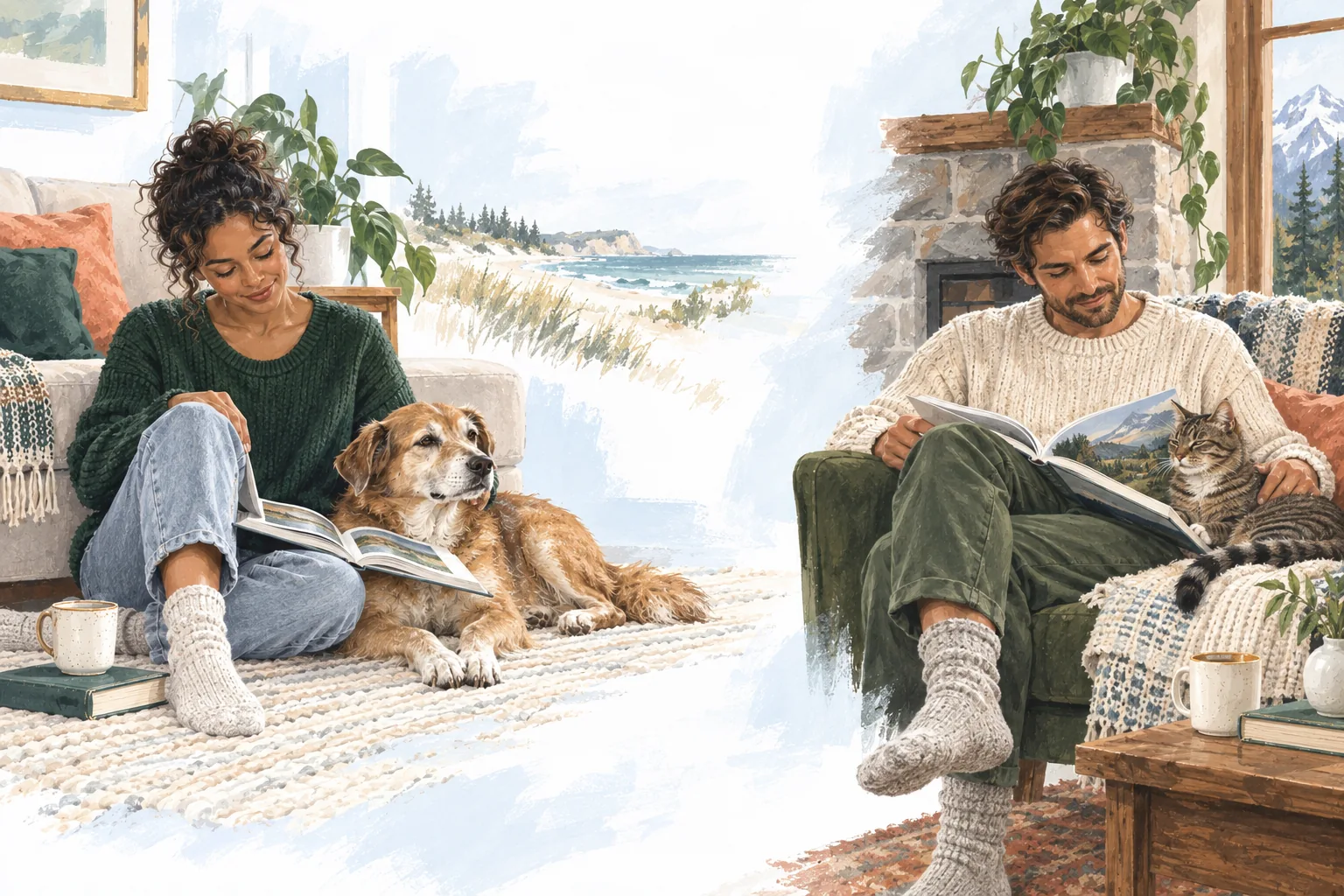 People and animals sharing a quiet moment at home