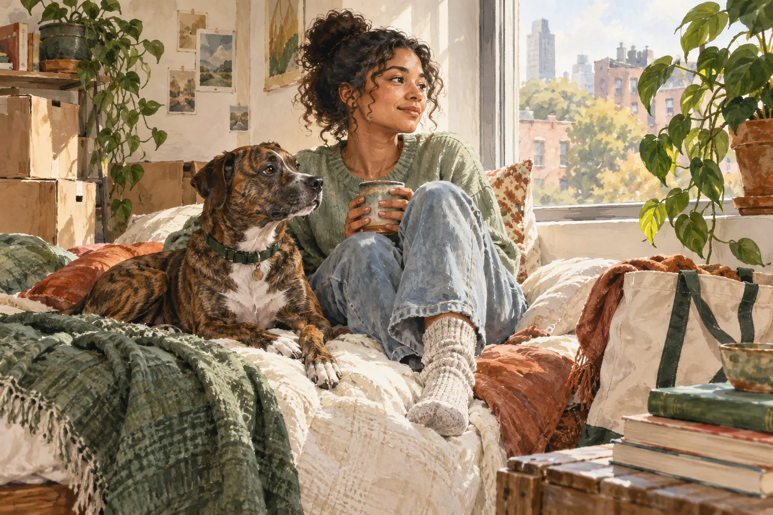 A young woman relaxing with her dog in a small city apartment